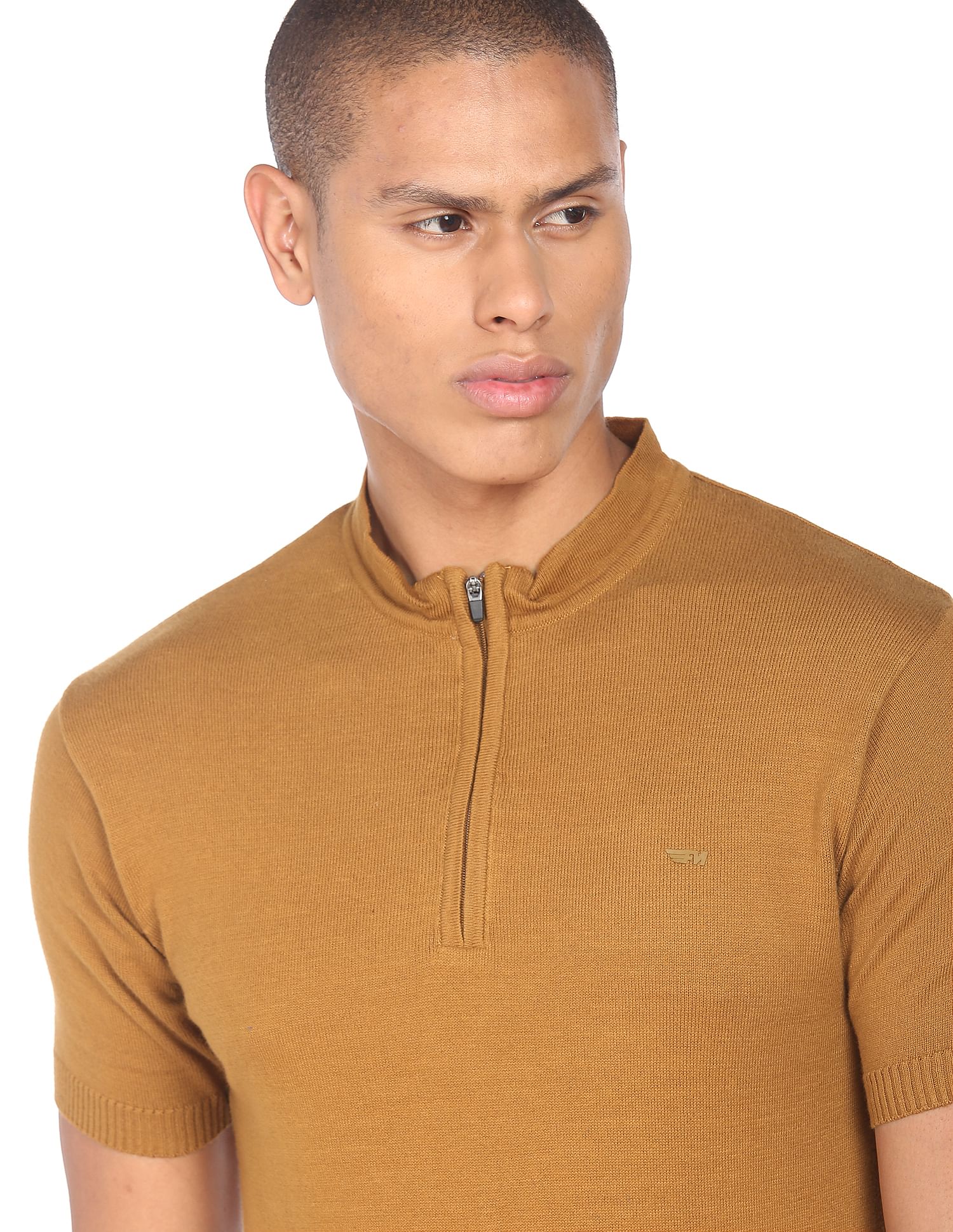 Flying Machine Mock Neck Solid T-Shirt