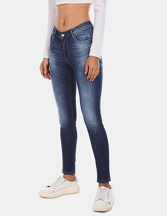Flying Machine Women Blue Paint Splattered Twiggy Super Skinny Fit Jeans