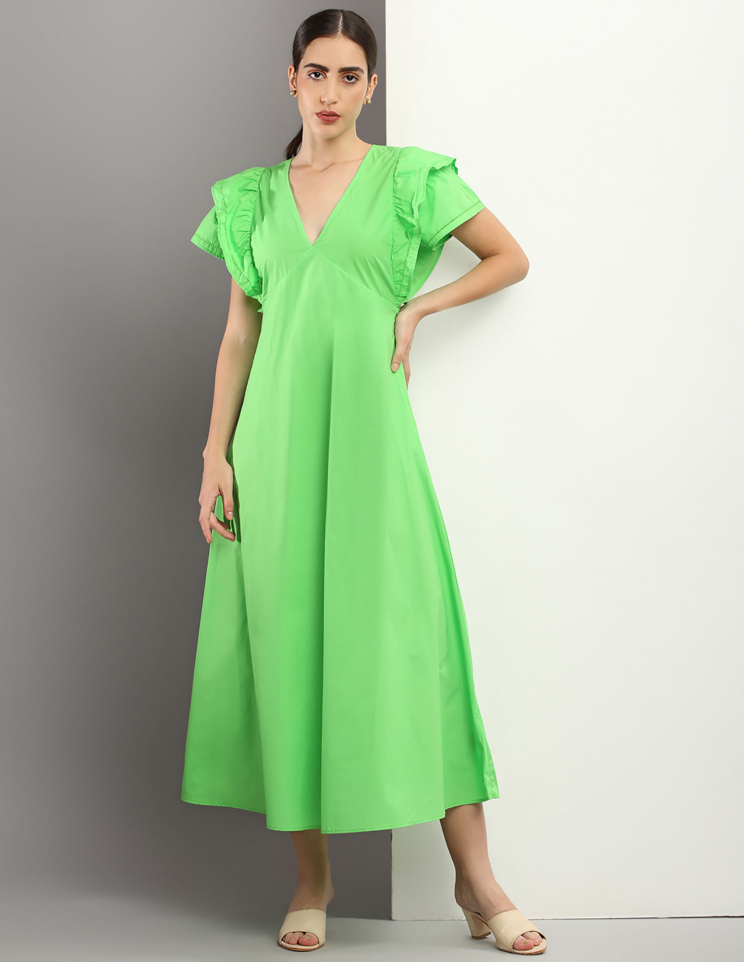 Khaki Frill Sleeve Midi Dress | WHISTLES |