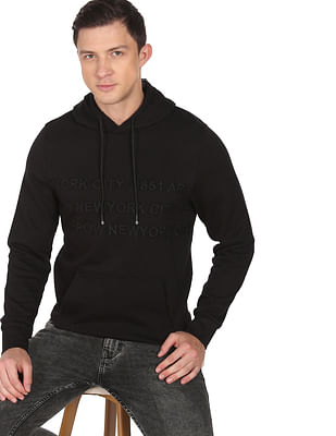 Men Black Hooded Embroidered Solid Sweatshirt