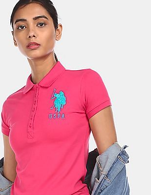 Buy U.S. Polo Women Brand Applique Ribbed Collar Polo Shirt - NNNOW.com