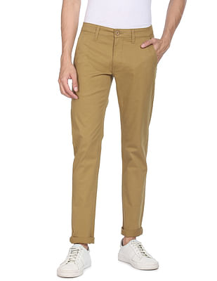 Flying Machine Khaki Mid Rise Solid Casual Trousers