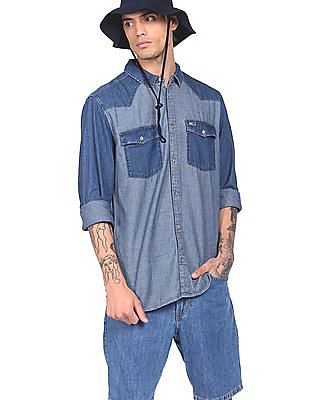 Tommy Hilfiger Men Blue Spread Collar Washed Denim Casual Shirt