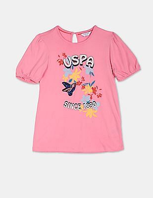 U S Polo Assn Kids Girls Pink Puff Sleeve Printed Top