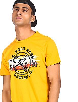 U S Polo Assn Denim Co Men Yellow Crew Neck Brand Print T-Shirt