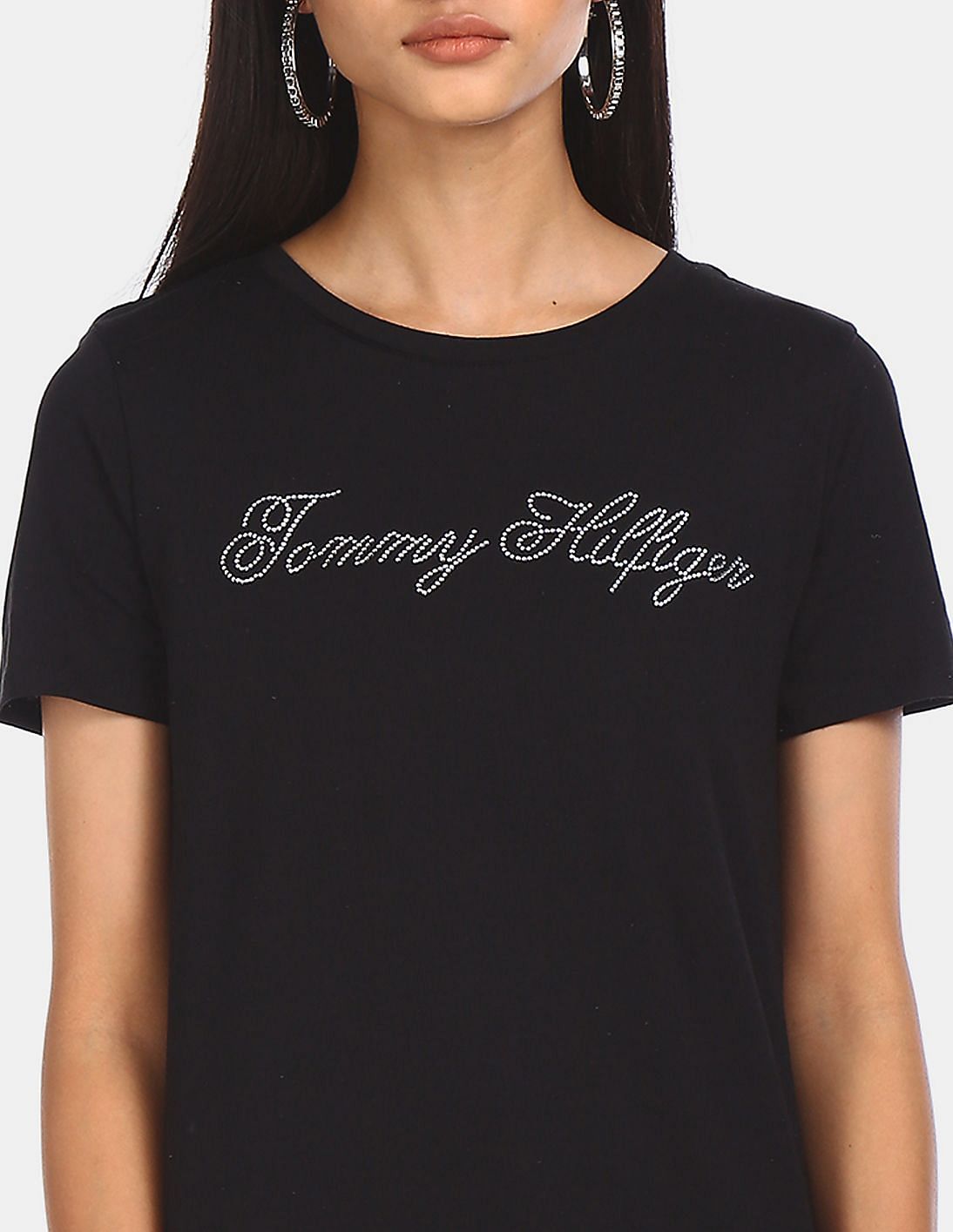 Buy Tommy Hilfiger Women Black Round Neck Bling Logo T-Shirt