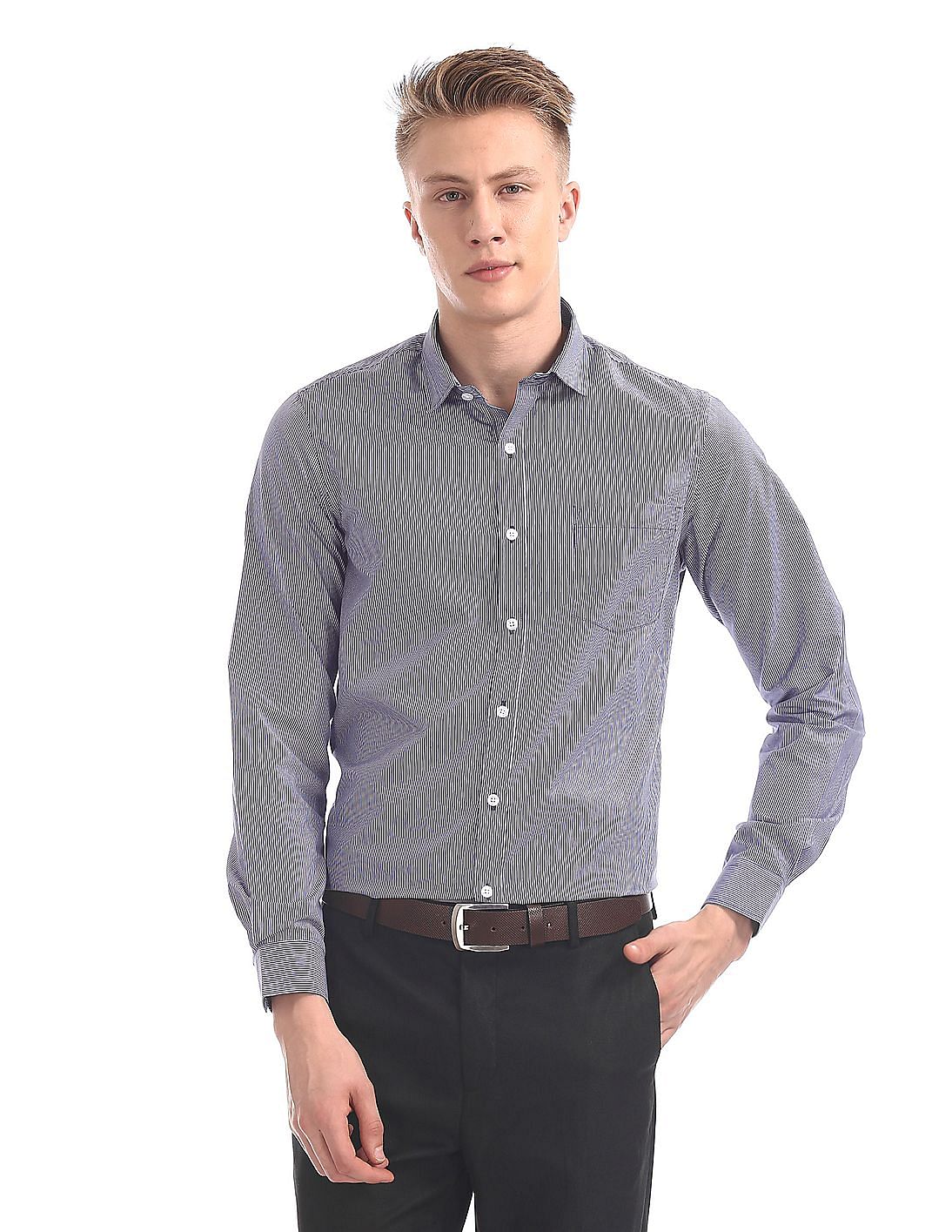 Buy Excalibur Mitered Cuff Vertical Stripe Shirt - NNNOW.com