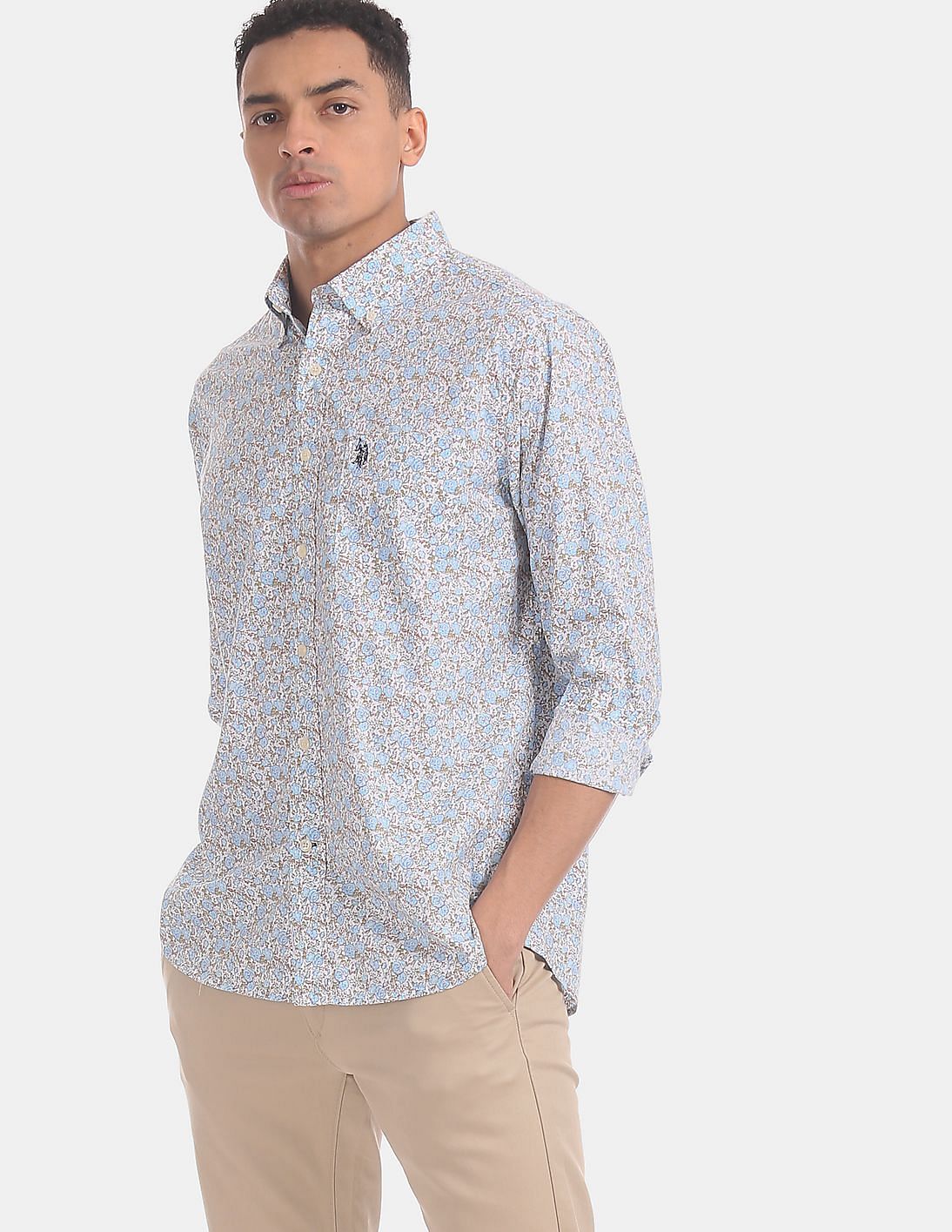 blue button down polo shirt