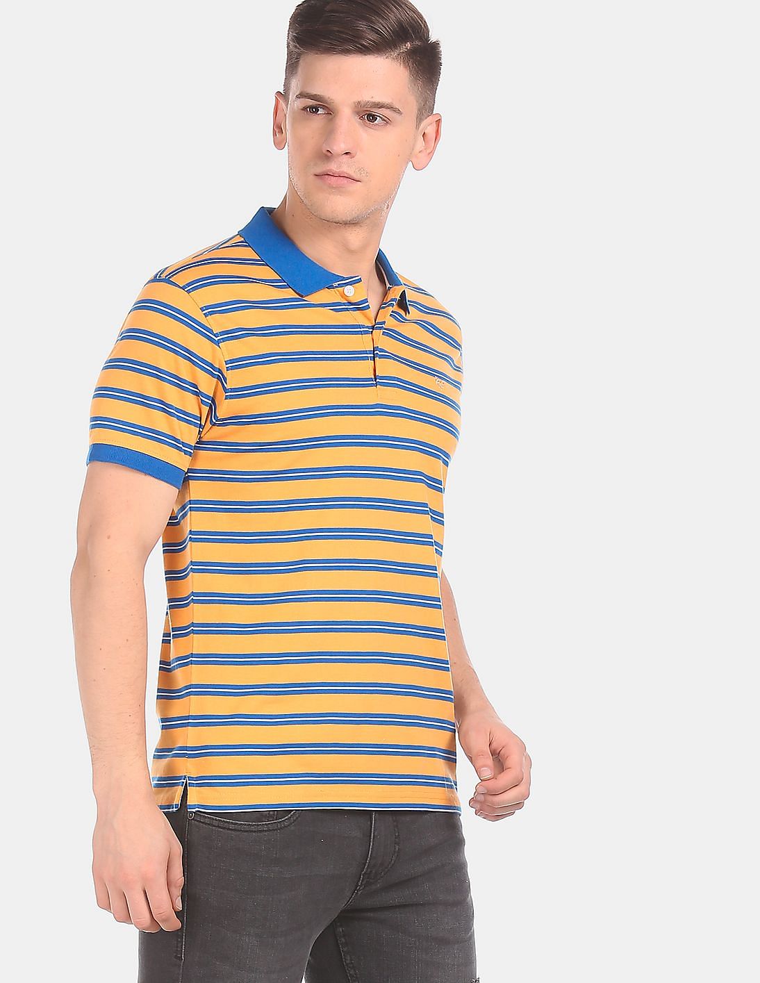Buy Ruggers Men Orange And Blue Ribbed Collar Striped Polo Shirt ...