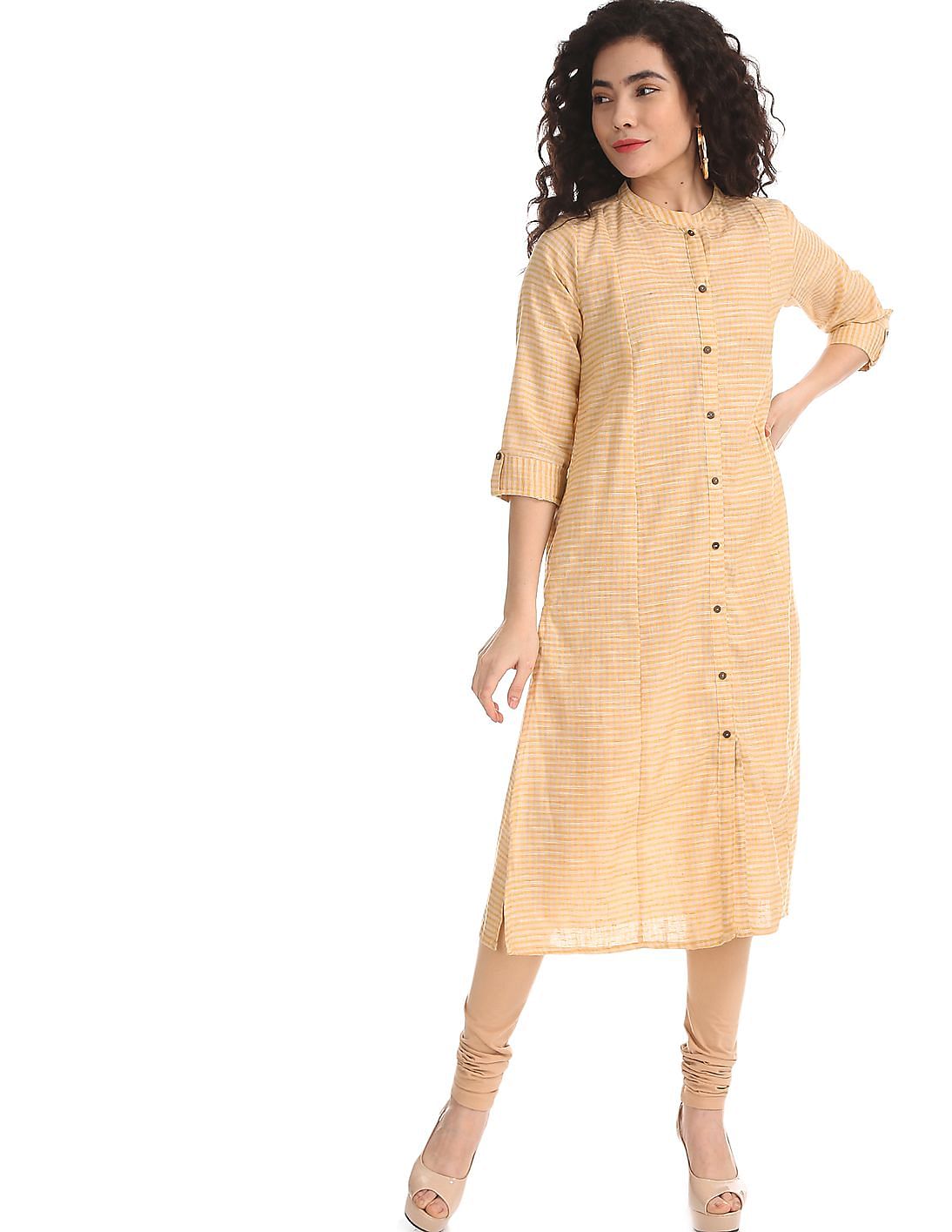 Buy Karigari Yellow Mandarin Collar Check Kurta - NNNOW.com