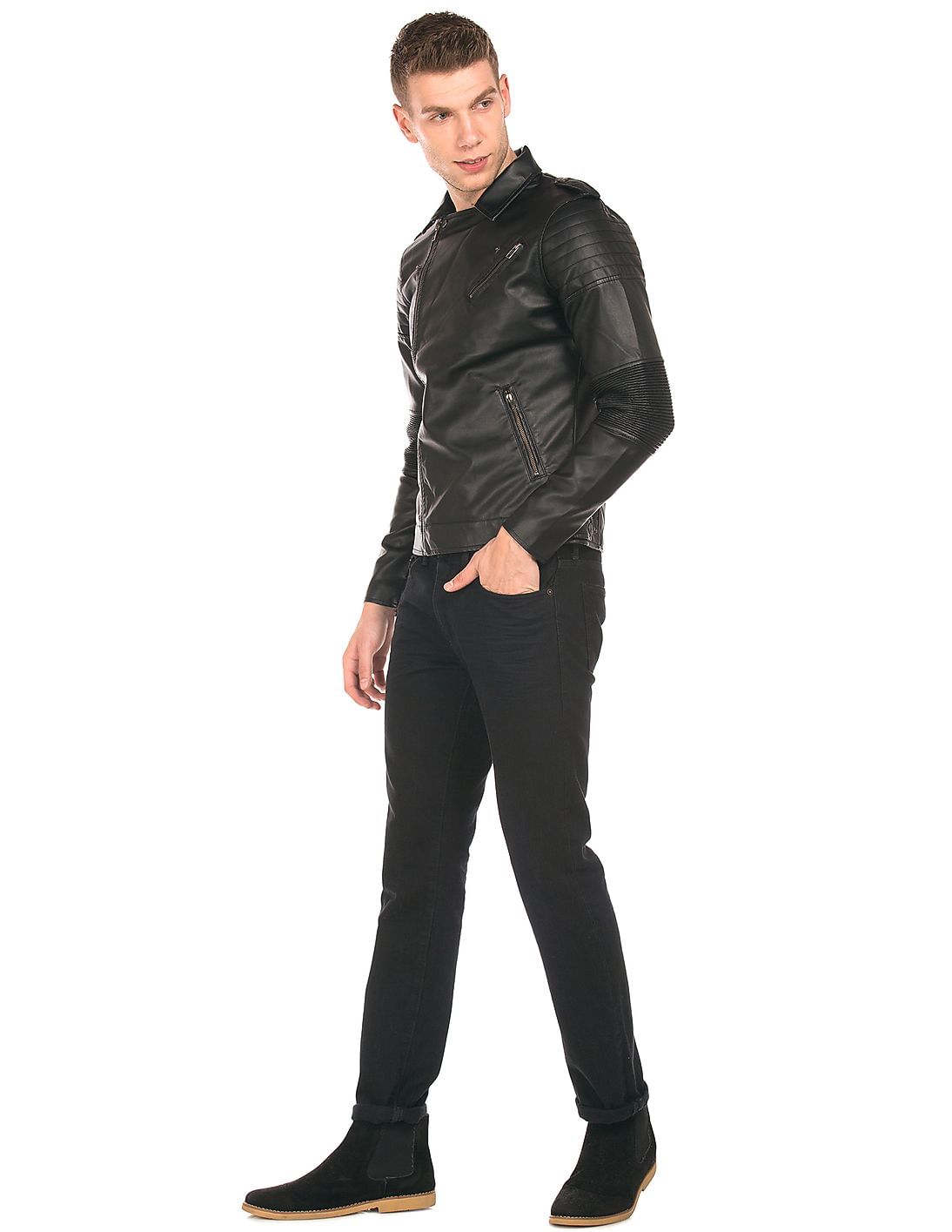 Buy Flying Machine Panelled Faux Leather Biker Jacket