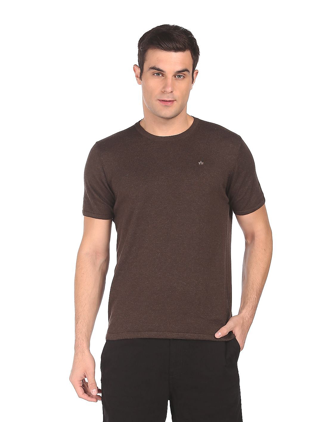 Buy Arrow Men Dark Brown Ribbed Neck Premium Heathered T-Shirt 