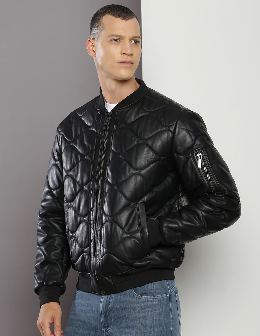 Calvin Klein Mens Faux Leather Bomber Jacket Black M at
