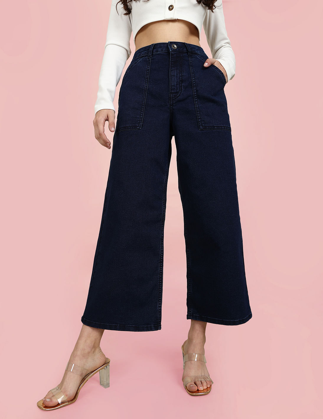 Buy Flying Machine Women High Rise Wide Leg Rinsed Culottes Jeans ...