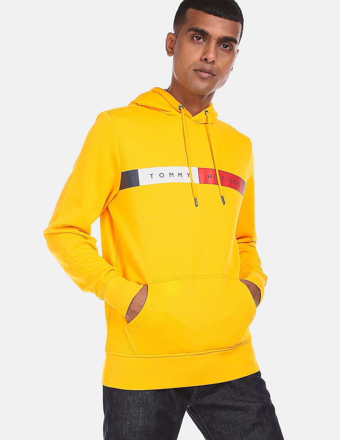 Buy Tommy Hilfiger Men Yellow Logo Print Hooded Sweatshirt - NNNOW.com