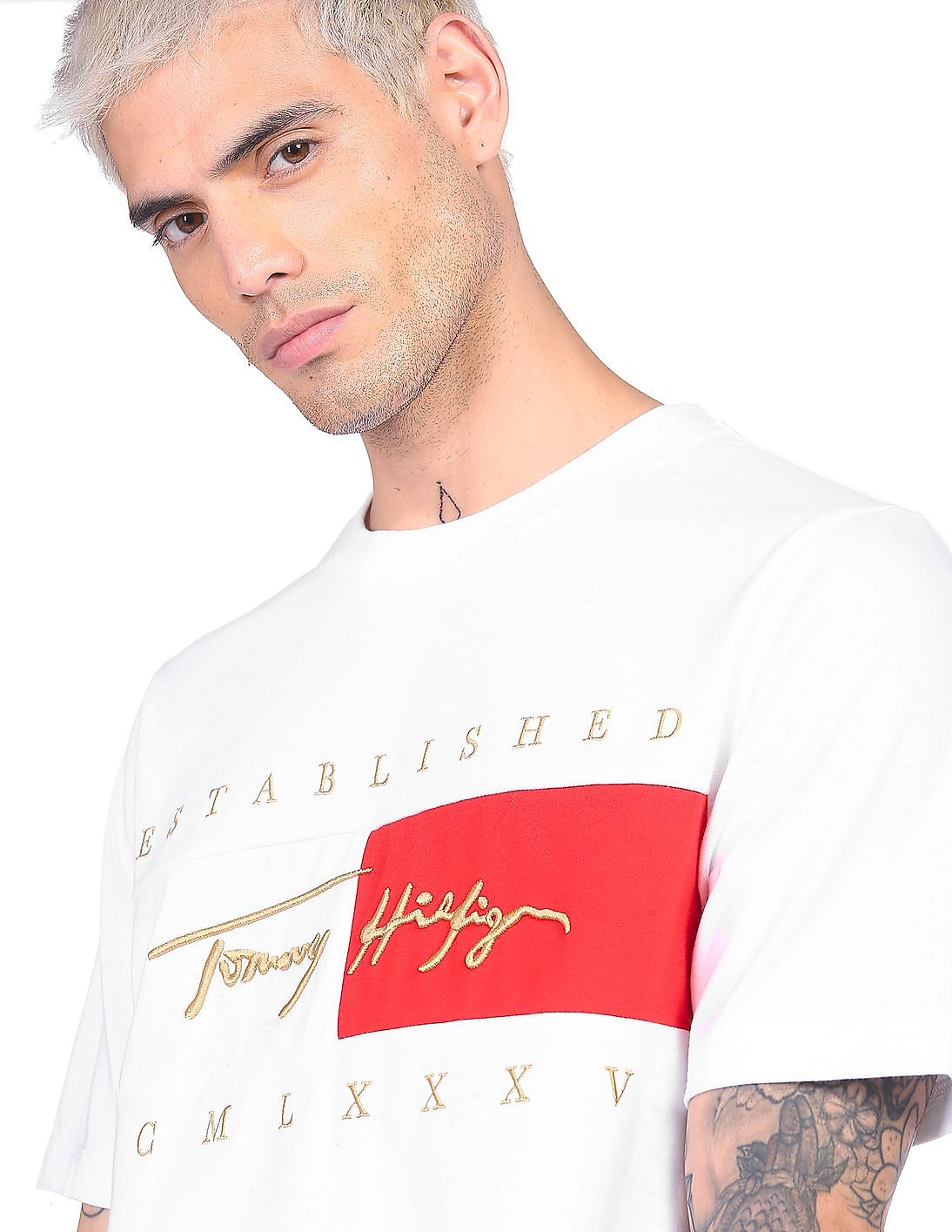 Men Neck Signature Hilfiger Brand White Tommy Crew Embroidered T-Shirt Buy