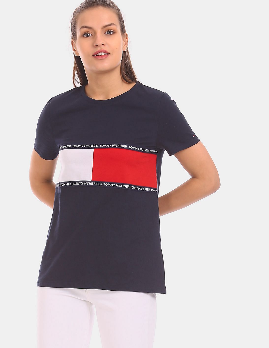 Buy Tommy Hilfiger Women Women Blue Colour Block Cotton T Shirt