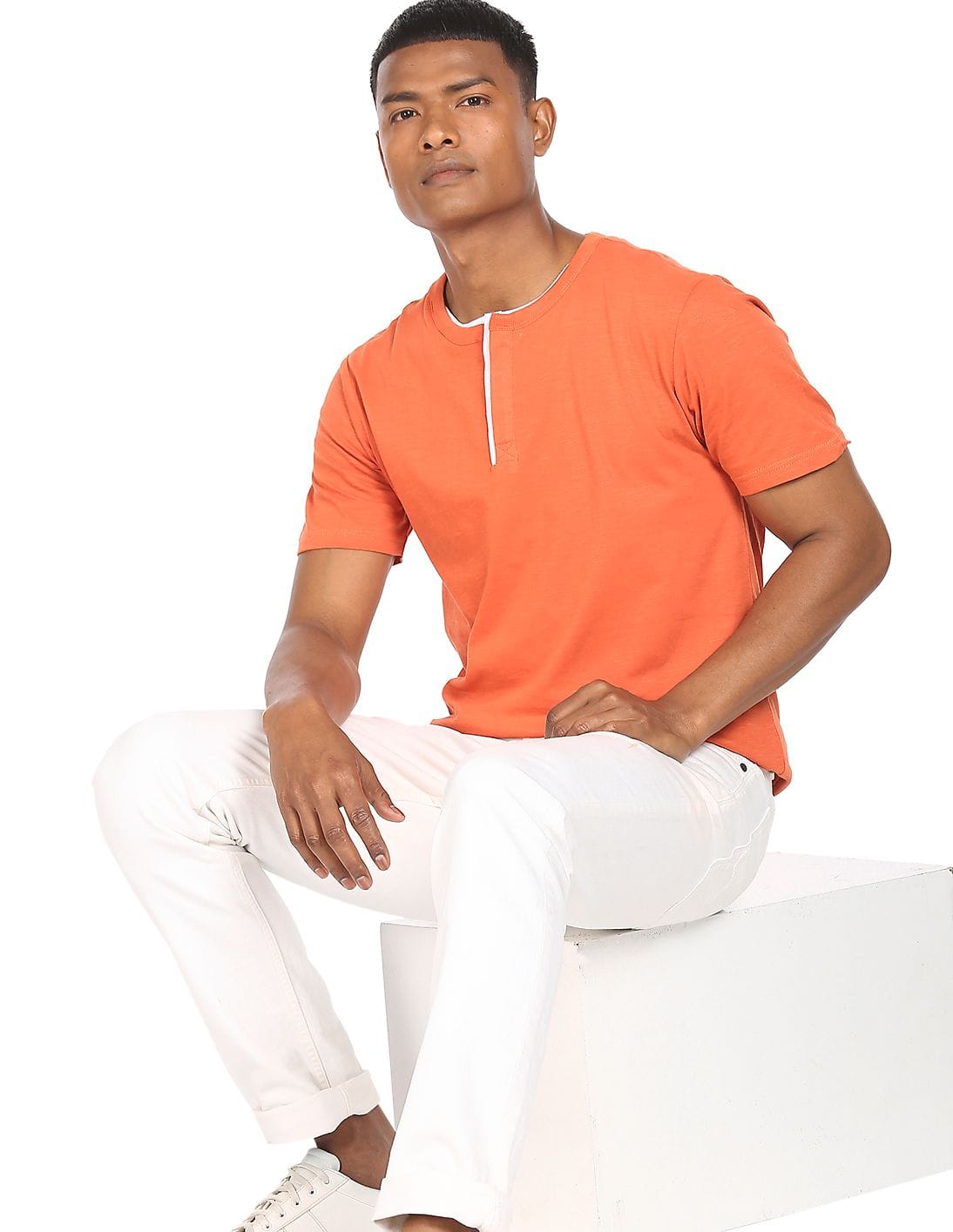 Cherokee Men Orange Henley Neck Solid 
