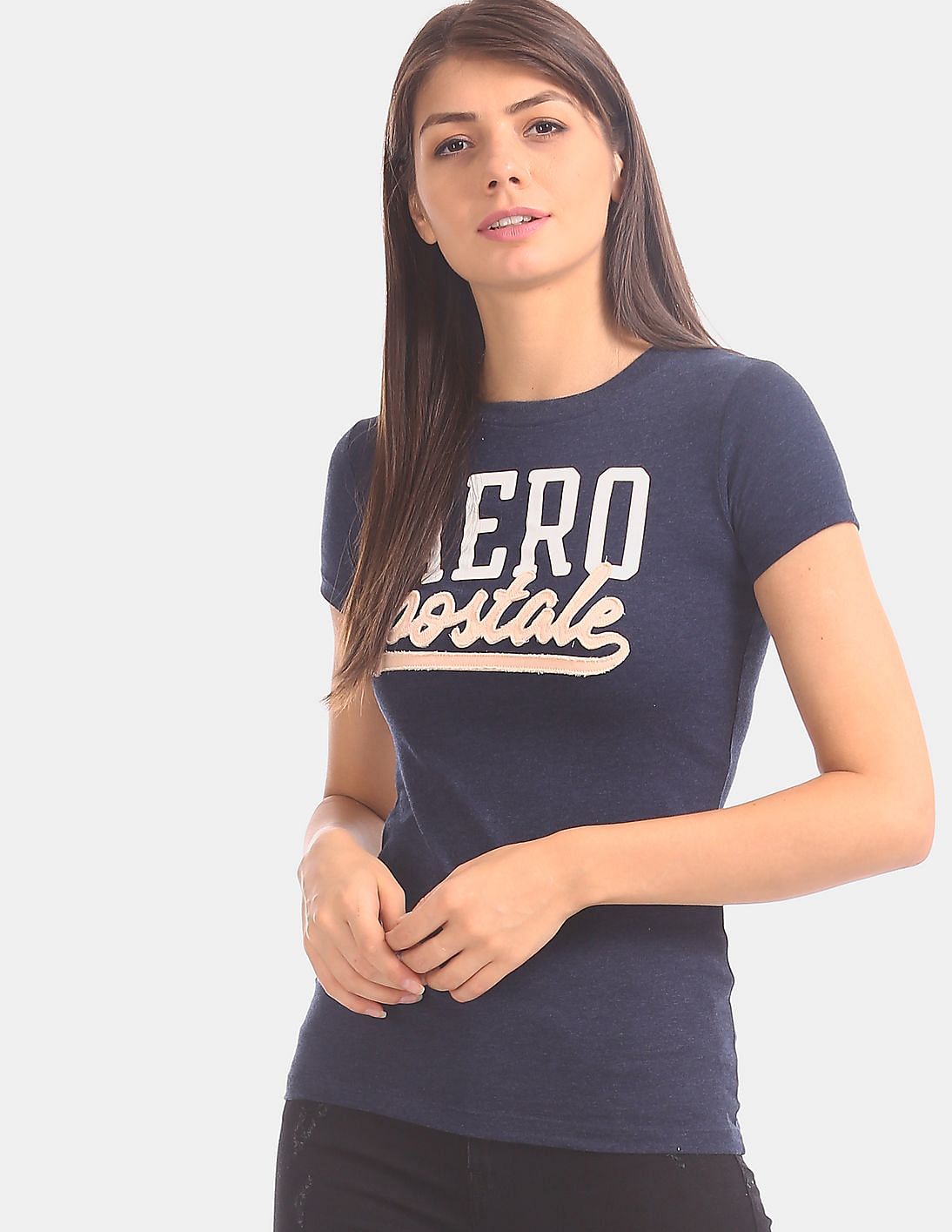 Buy Aeropostale Women Blue Brand Applique Crew Neck T-Shirt - NNNOW.com