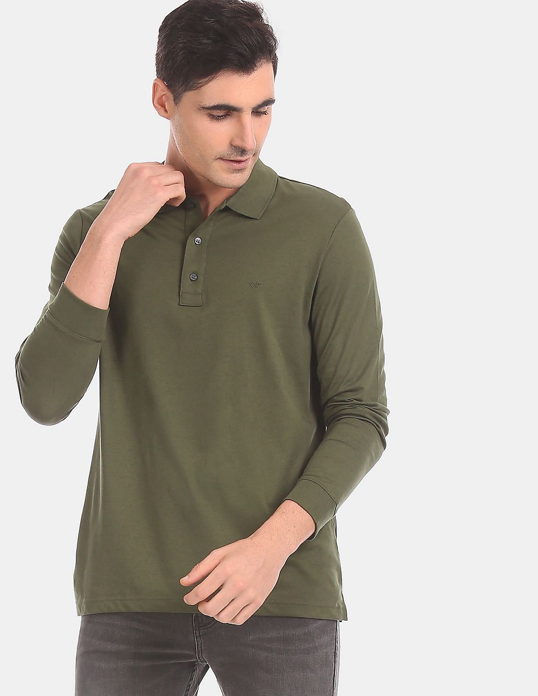 Buy Calvin Klein Men Olive Long Sleeve Solid Polo Shirt - NNNOW.com