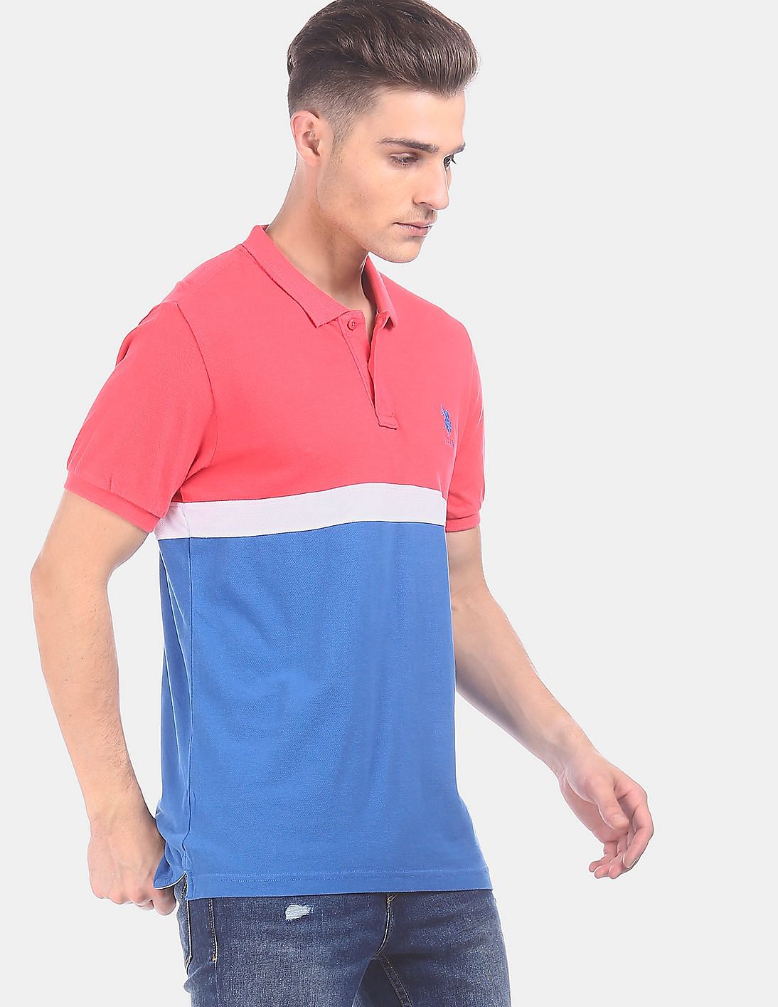 Buy U.S. Polo Assn. Men Blue And Pink Ribbed Collar Colour Block Polo ...