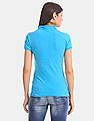Aeropostale Women Blue Solid Cotton Stretch Pique Polo Shirt