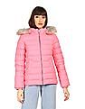 Tommy Hilfiger Women Pink Long Sleeve Solid Detachable Fur Hood Jacket