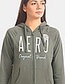 Aeropostale Women Green Brand Logo Hooded Zip Up Sweatshirt