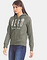 Aeropostale Women Green Brand Logo Hooded Zip Up Sweatshirt