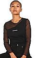 Calvin Klein Women Black Mesh Long Sleeve Brand Print Top